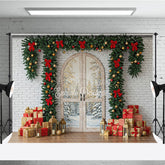 Aperturee - Aperturee Rustic Christmas Door Photography Backdrop White Brick Wall with Garland Farmhouse Holiday Photo Background